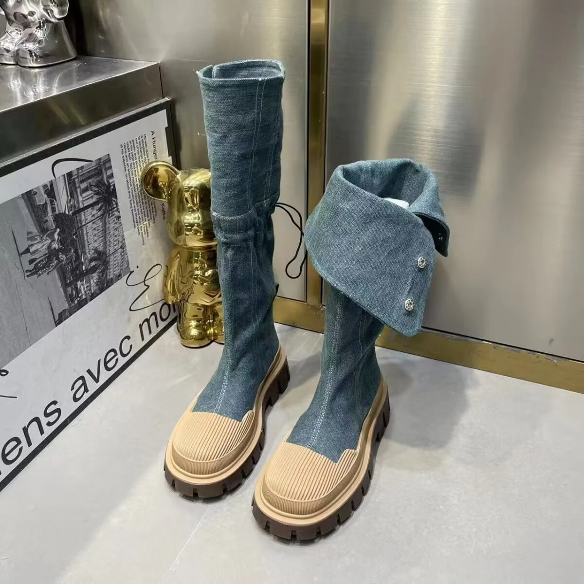 

Cowhide Cloth Thick Bottom Women Mid Calf Boots 2023 Hot Punk Gothic Knee-high Boots Walking Comfy Women Shoes