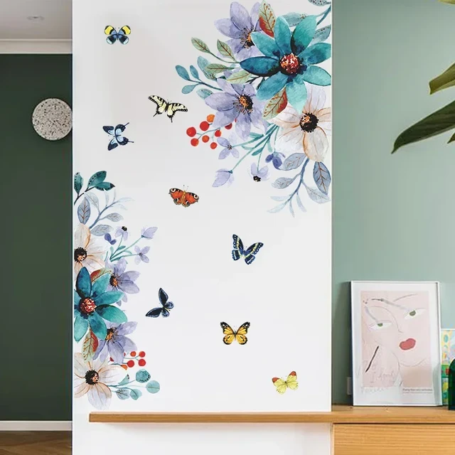 Pegatinas de pared de mariposas y flores hermosas para sala de estar, vinilos  decorativos para paredes