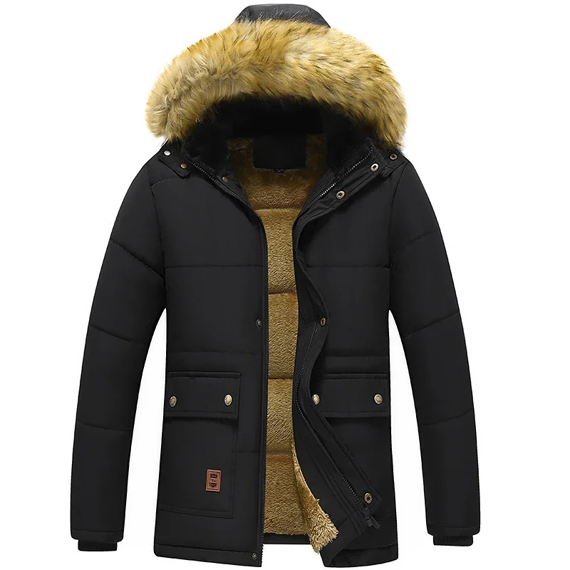 2023 Winter Windproof Fleece Warm Thicken Padded Jackets Coats Men Fashion Hooded Fur Collar Classic Casual Snow Parkas For Man