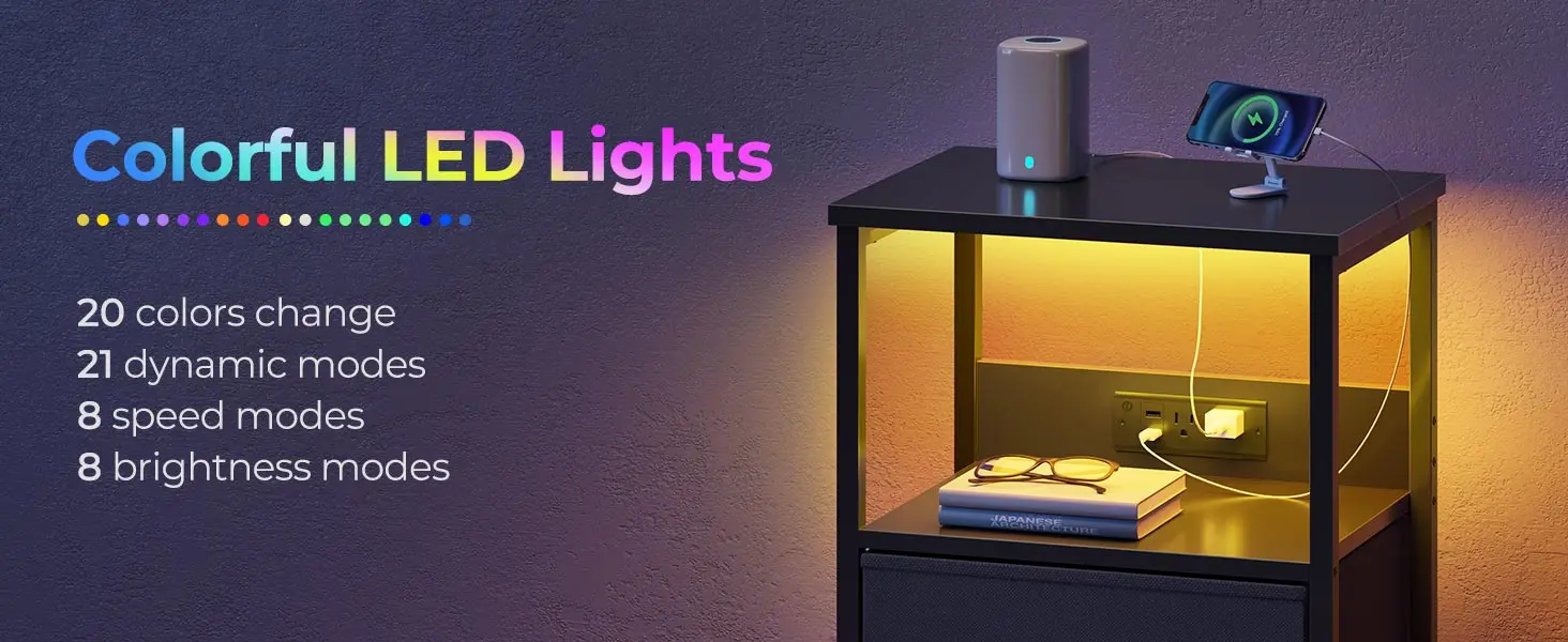 Description Picture 5 of itemNightstand with Charging Station, Bedside table with LED Lights, Night stand  Fabric Drawers, Storage End Table for Bedroom