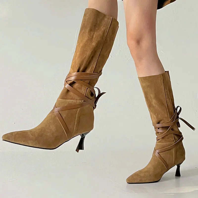 

Дополнительные Приблизительные размеры 47 48 коричневая обувь из искусственной замши с острым носком и перекрестной шнуровкой в западном стиле сексуальная женская обувь на высоком каблуке зимние сапоги до середины икры
