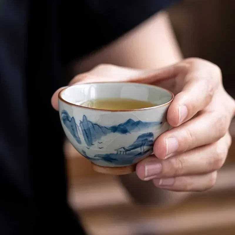 Hand-painted Travel Tea Set Office Tea Infuser Underglaze Color Ceramic Gaiwan Teacup Outdoor Portable Set with Storage Bag