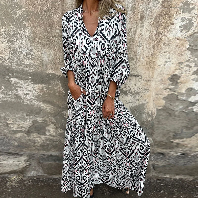 

Elegant Casual Pattern Print V Neck Dress Summer Spring Long Sleeve Vintage Party Dress Fashion High Street Holiday Loose Dress