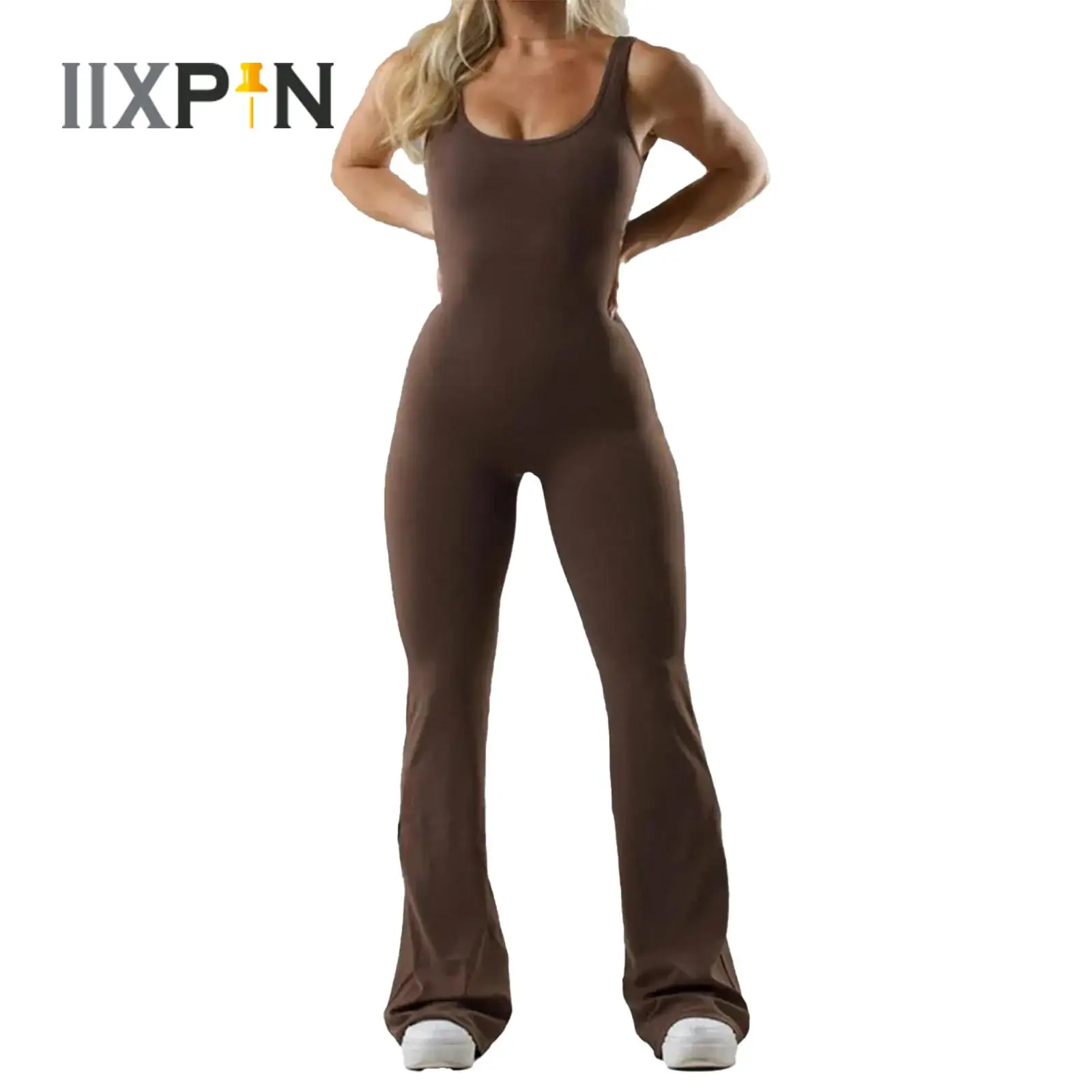 Womens Basic Bodycon Jumpsuit Fashion Casual Tank Dance Unitard Flared Jumpsuit Solid Color Sleeveless Bell-Bottomed Bodysuit
