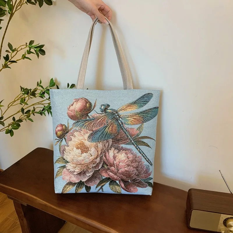 New Retro Double Sided Embroidery Women Handbag Luxury Design Canvas Ethnic Style Tote Bag Shoulder Bag