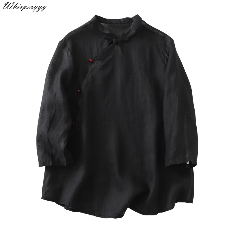 Cotton and Linen Blouse Women Spring and Summer Retro Chinese Zen Elegant Solid Color Tops Ethnic Style Shirt Female