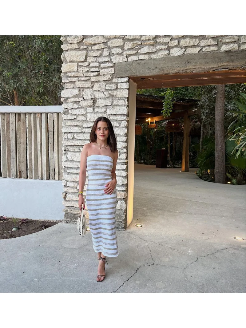 Backless Contrast For Women Dress Slim Holiday Beach Striped High Waist Off-Shoulder Maxi Dress Skinny Casual Long Dress