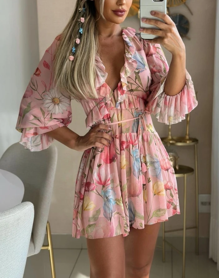 

Lantern Sleeve Short Elegant Dress A Line Skirt Tied Detail V-Neck New Casual Floral Plunge Print Spring Summerruffle Hem Dress