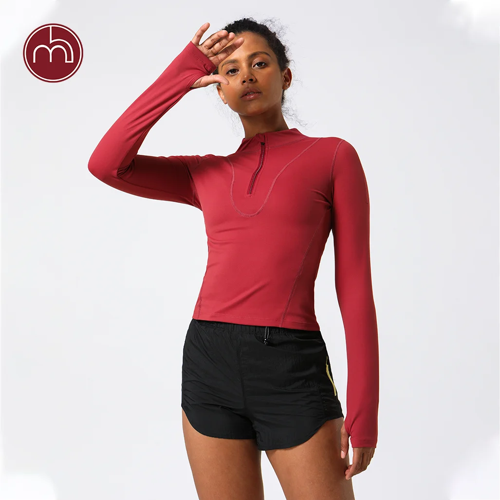 Women Gym Fitness Clothing Long Sleeve Half Zipper Fashion Sports Wear Full Length T Shirt With