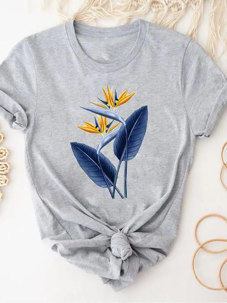 Women Clothing Print Gray T Shirt Short Sleeve Summer Top Plant Flower Trend Fashion Clothes Basic Tee Graphic T-shirt