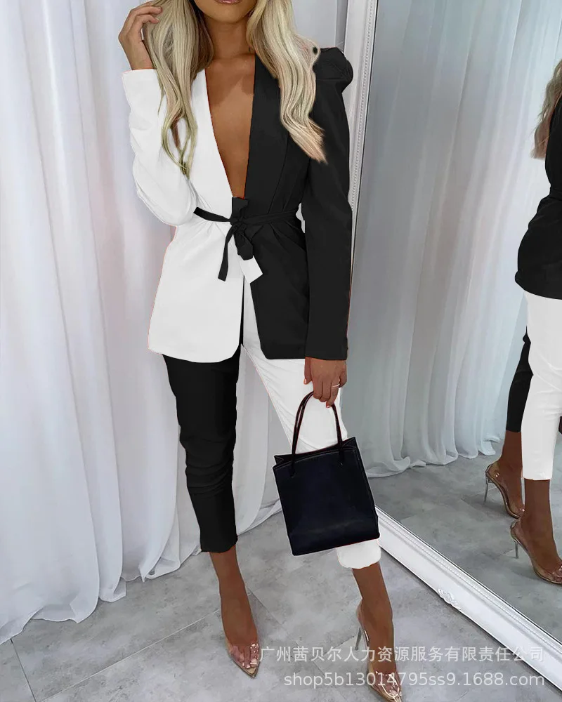 Suits for Women Splicing Pant Sets Color Contrast Temperament Commuting Jacket Pants Suit Trendy Fashion Women's Casual Suit Set white pant suits for women spring autumn new style casual temperament goddess small suit fashion two piece outfits sets