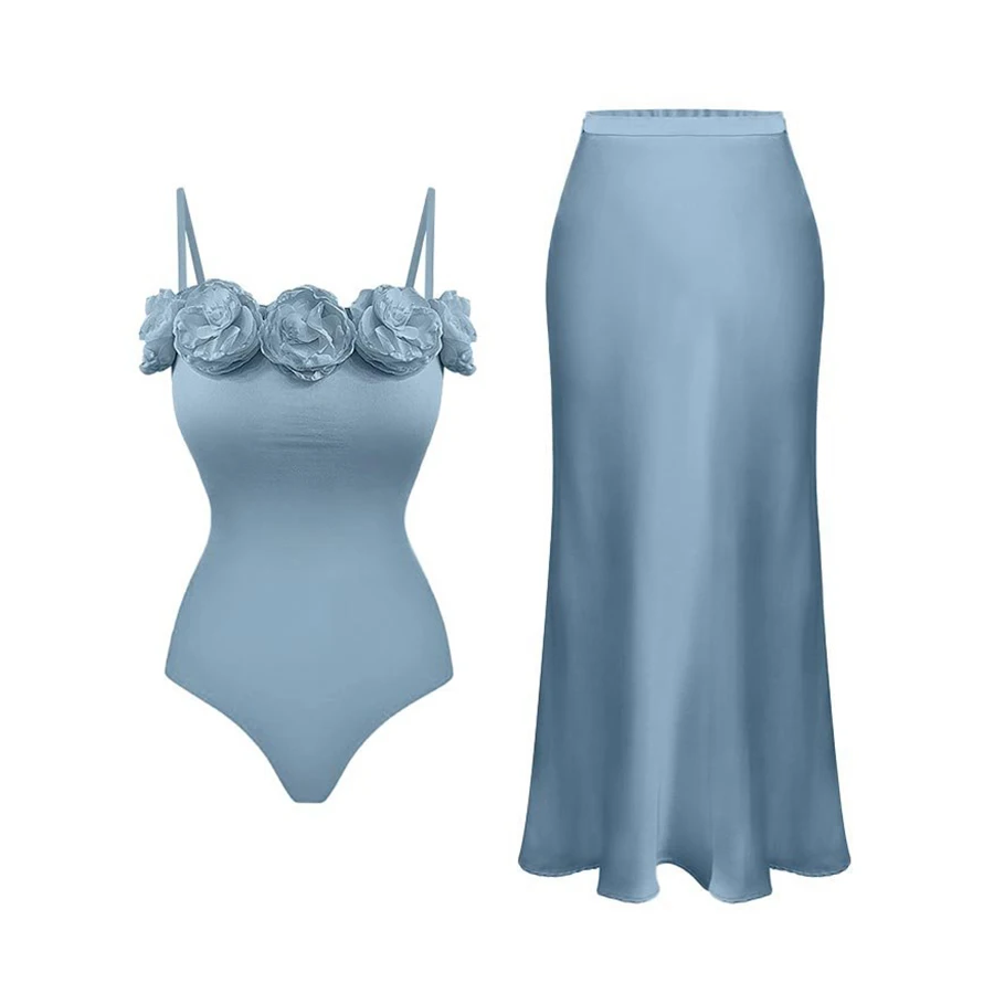 

Fashion Solid Color Floral Embellished One-Piece Swimsuit Women's Swimwear 2023 Sky Blue Elegant Bikini Set Summer Beachwear