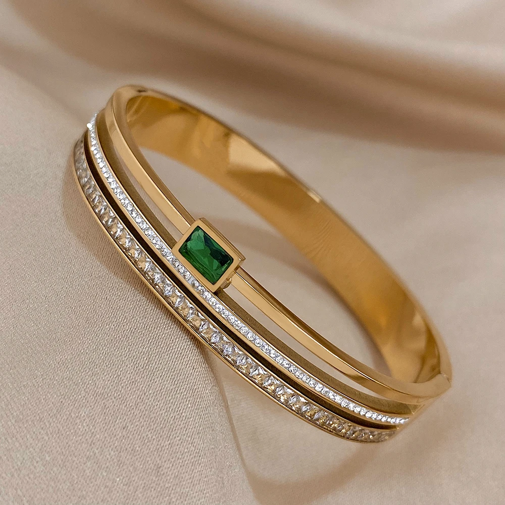 Bangle Bracelet Zircon Bracelet Stainless Steel Bracelet Flashbuy Trendy Chic Green Zircon Stainless Steel Bangle Bracelets for Women Charm Texture Simple Gold Color Accessories