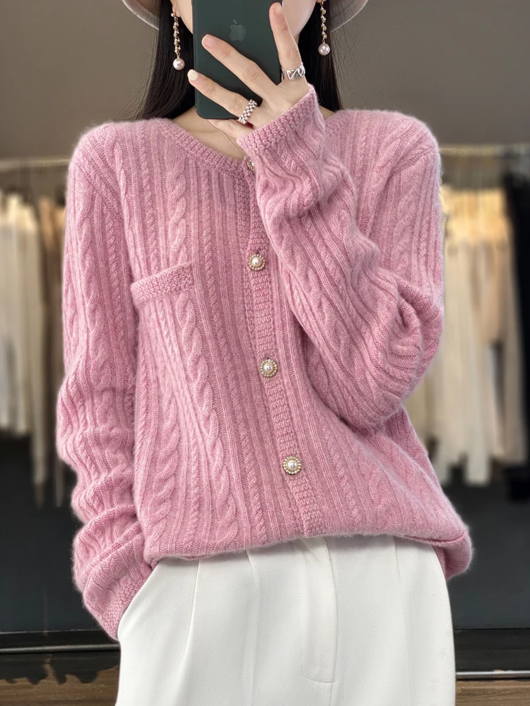 

100% Merino Wool Cashmere Women Knitted Sweater O-Neck Long Sleeve Cardigan Geometric Autumn Winter Casual Thick Clothing Jumper