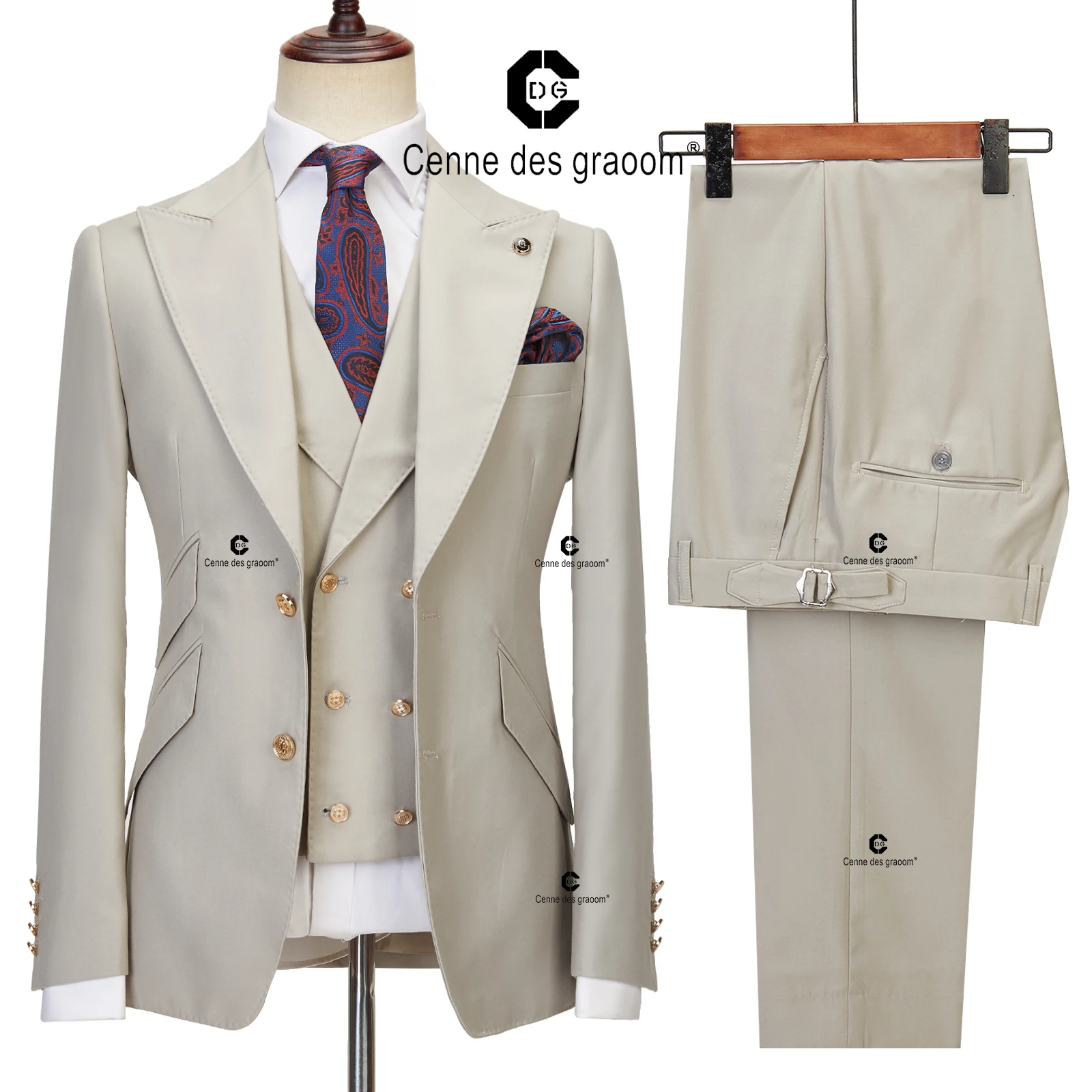 Traje ajustado de 3 piezas para hombre, chaqueta con solapa, chaleco, pantalones, des graoom Cenne, boda, negocios, cena