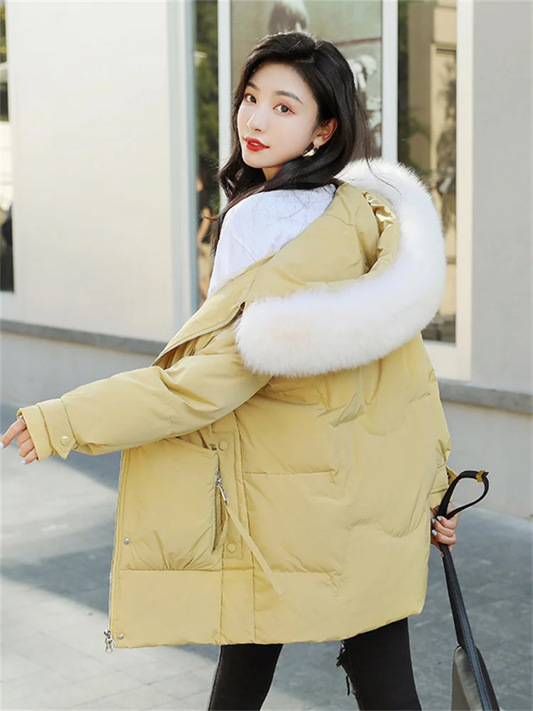 

Yellow Cotton Coat Women White Fur Collar Hooded Parkas 2022 Winter New Fashion Loose Black Thick Warmth Zipper Pockets Clothing