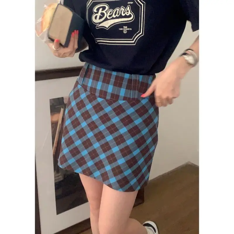

Retro Plaid Design Half Skirt Women's 2023 Summer Korean Loose Wrap Hip A-Line Short Skirt