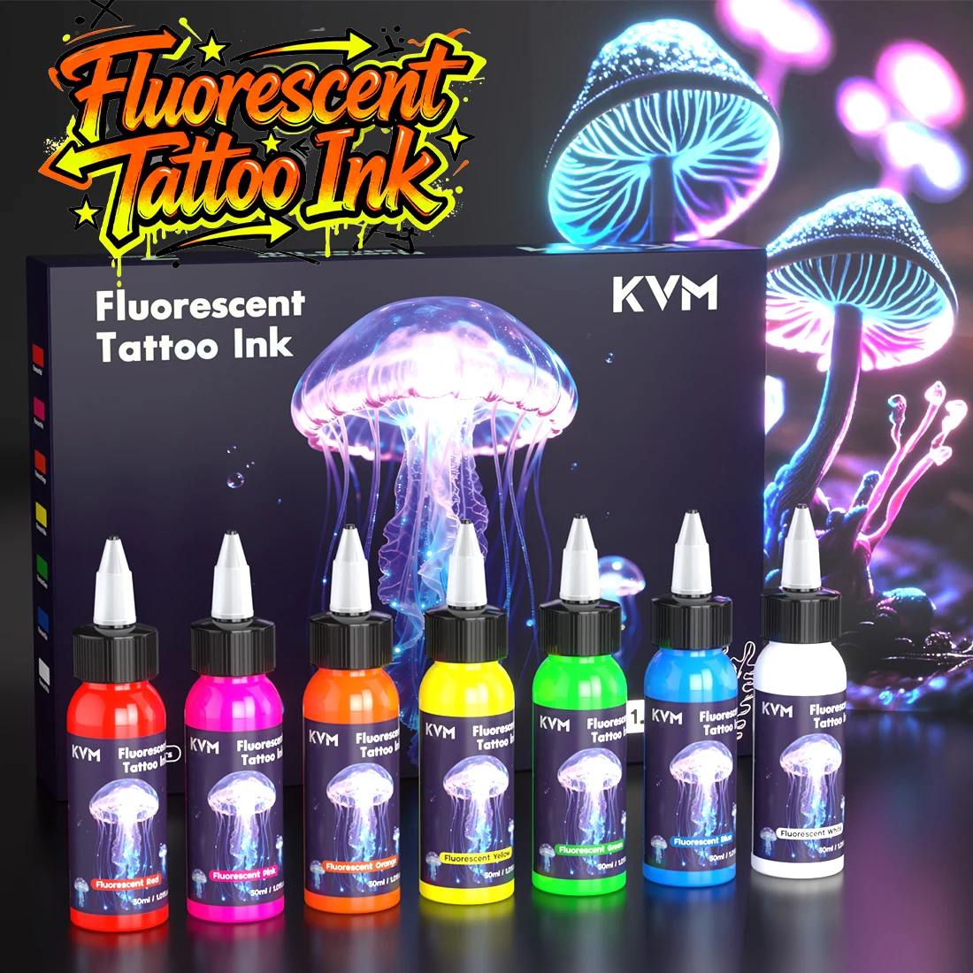 Set di Inchiostri Fluorescenti per Tatuaggi a 7 Colori da 30ml con Luce UV, Pigmento Professionale Reattivo ai Raggi UV per Tatuaggi Luminosi con Luce Nera - immagine 4