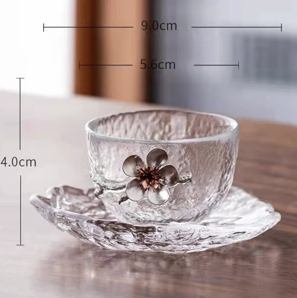 Japanese Heat Resistant Large Glass Teapot with Handle Creative 3D Plum Teacup Transparent Hammer Pattern Tea Cup