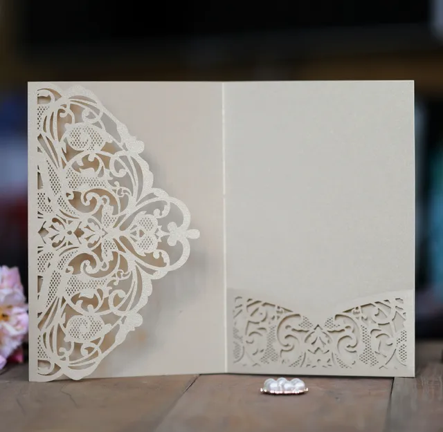 10 Biglietti Invito Nozze Con Pizzo Laser - Carta Kraft Per Matrimoni, Compleanni E Feste