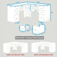 White L Shaped Desk with Drawers Shelves, Large Home Office Corner Computer Desk with Storage File Cabinet, Modern Metal Wood D 2