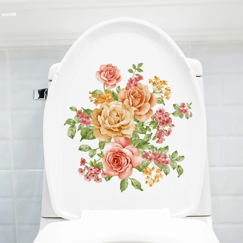 PVC Toilet Lid Decals Bird Floral Daisy Rose Peony Butterfly Pattern Toilet Stool Commode Sticker For Bathroom Self Adhesive 1pc