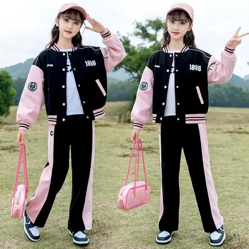 

2023 College Style Girls Autumn Suit Teen Clothes Set Korean Long Sleeve Printed Pants Outfit Children Loungewear Kids Clothes