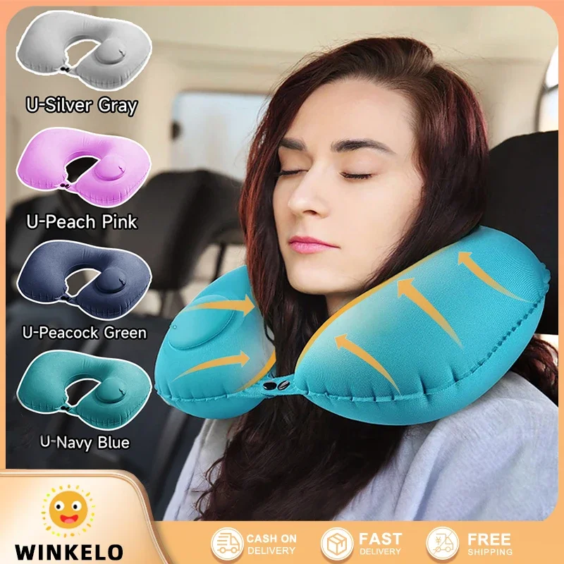 

U-shaped Travel Pillow Car Air Flight Office Inflatable Neck Pillow Short Plush Cover PVC Support Headrest Soft Nursing Cushion