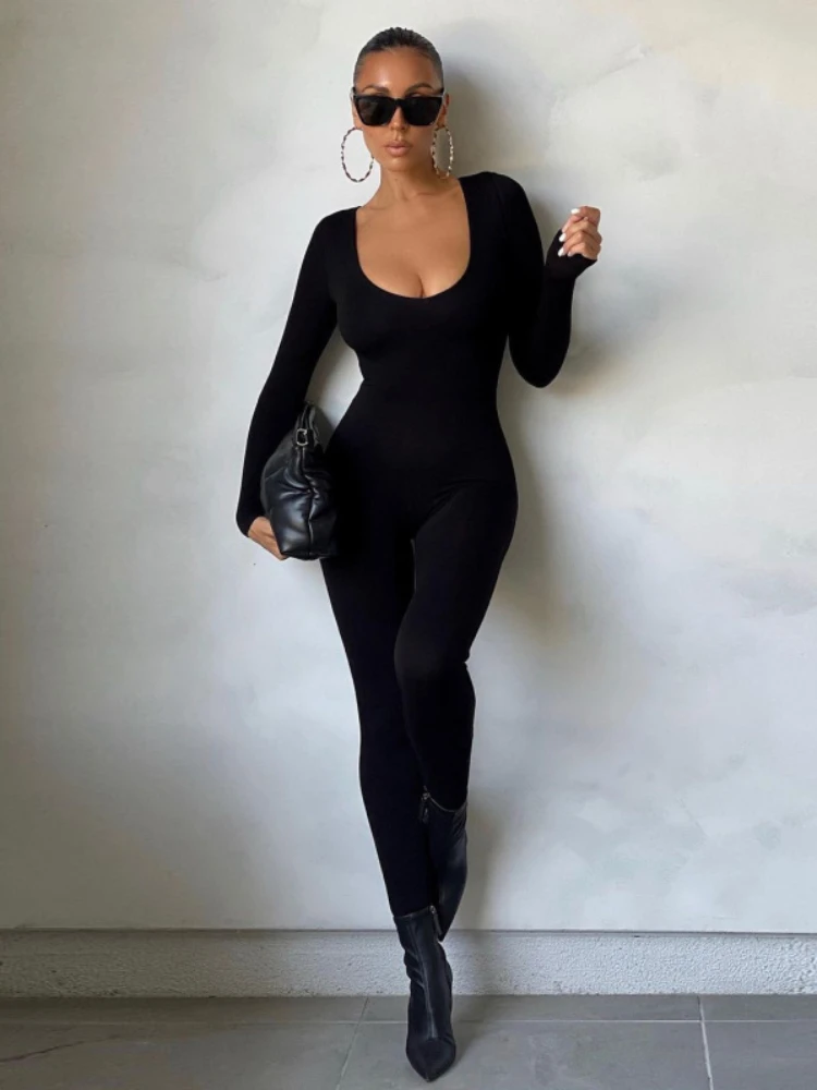 Jumpsuit for Elegant Women Solid Tight Fitting Round Neck Long Sleeve Sexy High Waisted Buttocks Lifting Women's Social Overalls