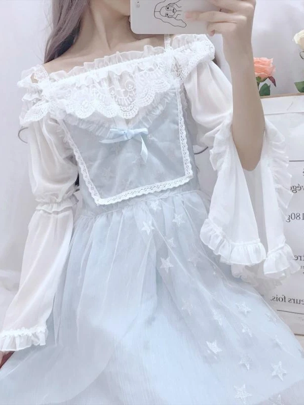 KOSAHIKI 여성용 레이스 셔츠 로리타 블라우스, 스플릿 플레어 슬리브 2025, 일본 쉬폰 블라우스, 귀여운 프레피 스타일 코스프레 상의