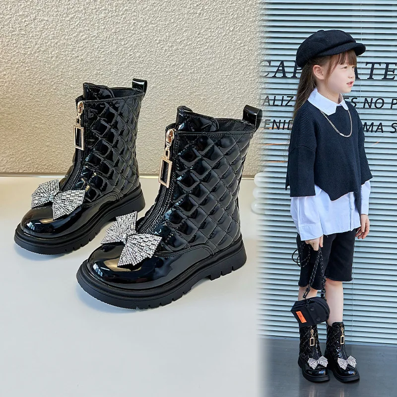 

Girls Autumn Winter New Leather Boots Glossy Chelsea Boots Baby Girls Versatile Rhinestone Bow Princess Boots Waterproofe Boots
