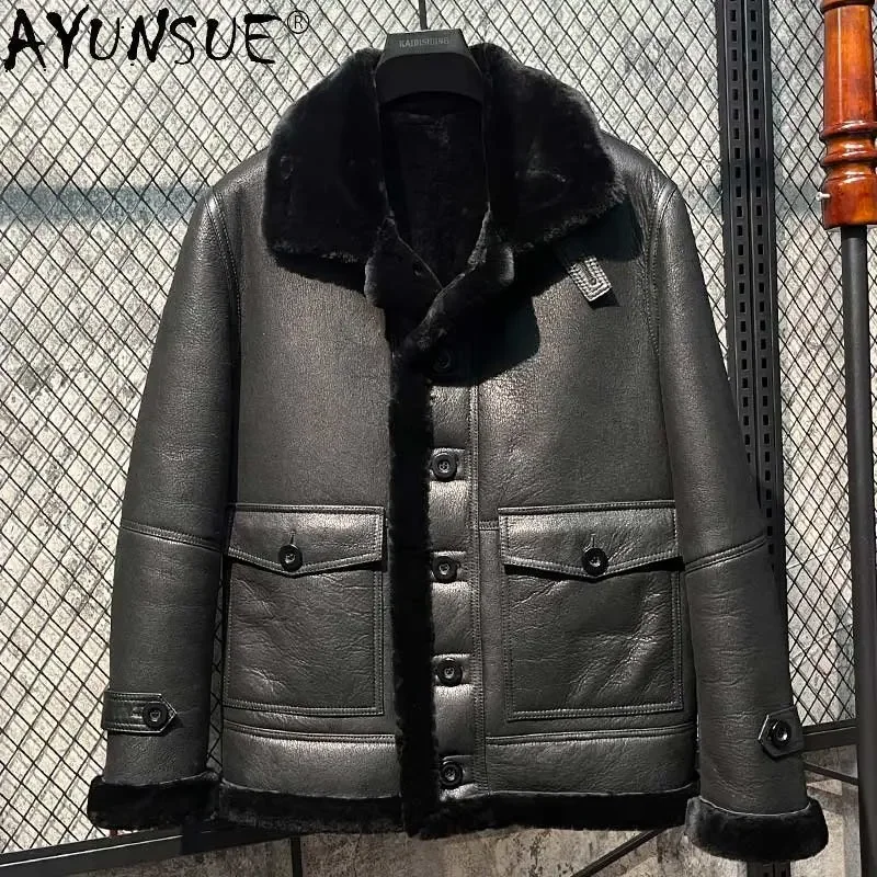 

AYUNSUE Thick Winter Coat Men's Lapel Genuine Leather Sheepskin Real Fur Coat Men’s Jacket Male Casaco De Pele Masculino FCY2034