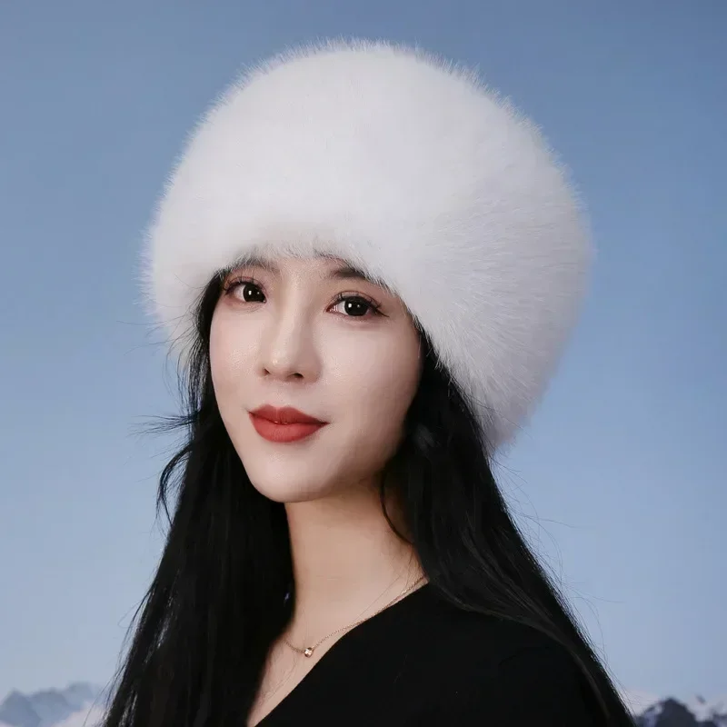 Super Fashion Winter Snow Hat Faux Fur Thick Women Fluffy Fur Cap Ski Russian Windproof Hat Party Luxury Warm Fox Fur Cap Black 3