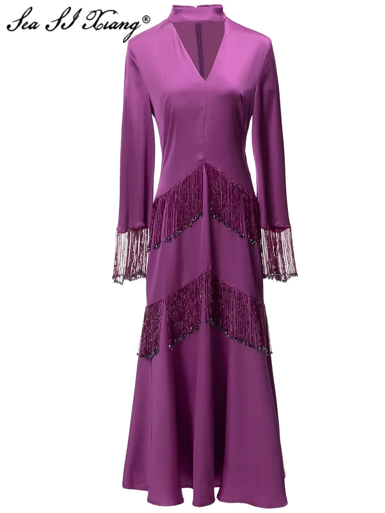 

Seasixiang Fashion Designer Autumn Dress Women V-Neck Long Sleeve Crystal Beading Tassels Solid Color Elegant Party Dresses