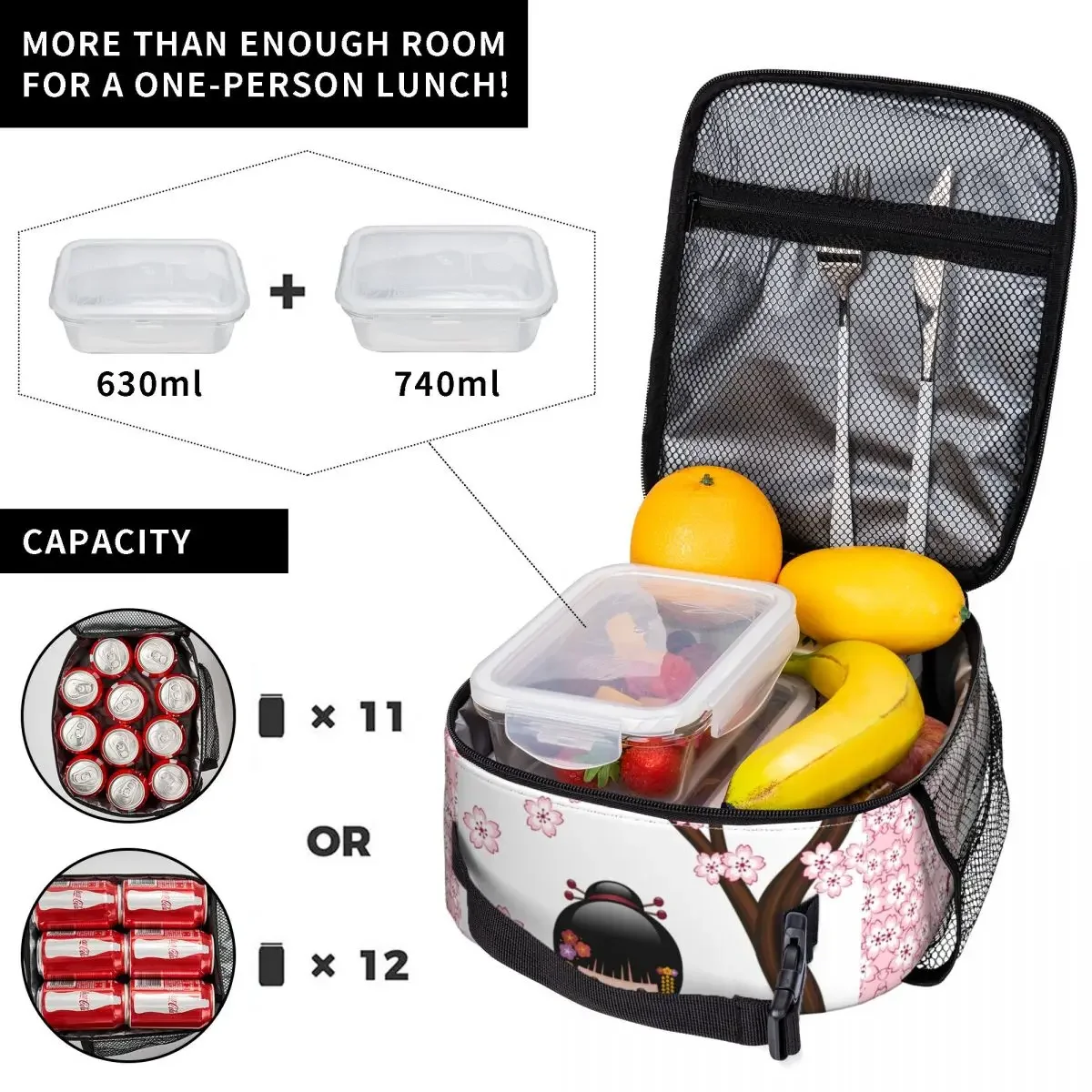 Lunch Bag Cooler Bag Sakura Kokeshi Doll Thermal Insulated Lunch Boxes Japanese Geisha Girl Lunch Bag Container Thermal Cooler Food Box