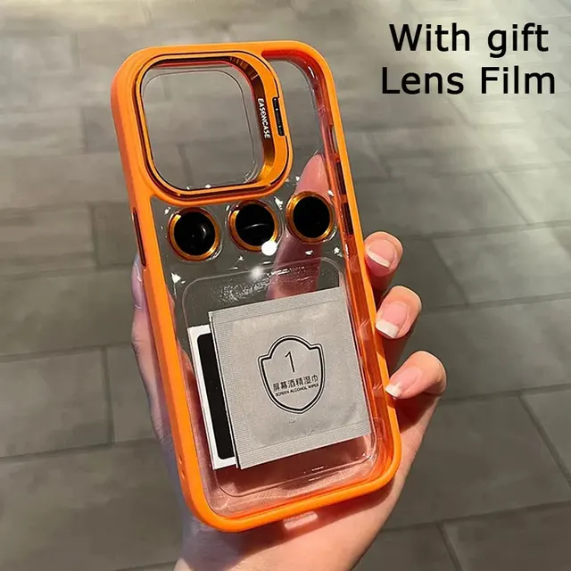 Lens Metal Ring Protector Stand Phone Case For IPhone 13 11 12 14 15 16 Pro Max Plus Camera Glass Lens Film Transparent PC Cover
