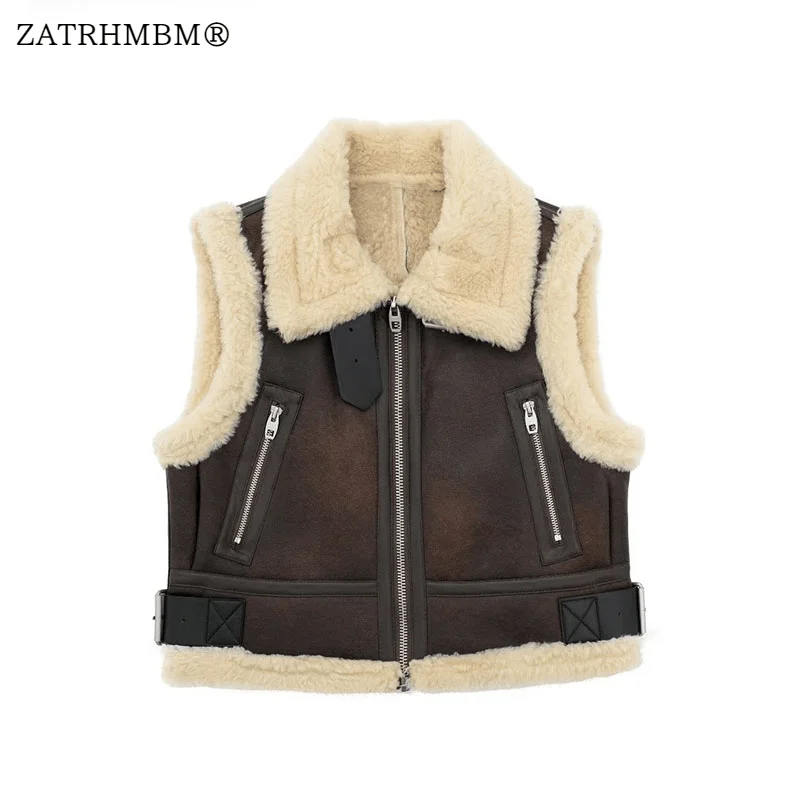 

ZATRHMBM Woman 2023 Autumn Winter Fashion Windproof Warm Vests Vintage Sleeveless Zipper Fly Cropped Female Waistcoat Chic Tops