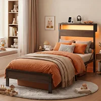 Twin Bed Frame with Storage Headboard and Charging Station, Walnut Platform Bed Frame with LED Light, Non-Slip Metal,Brown 3