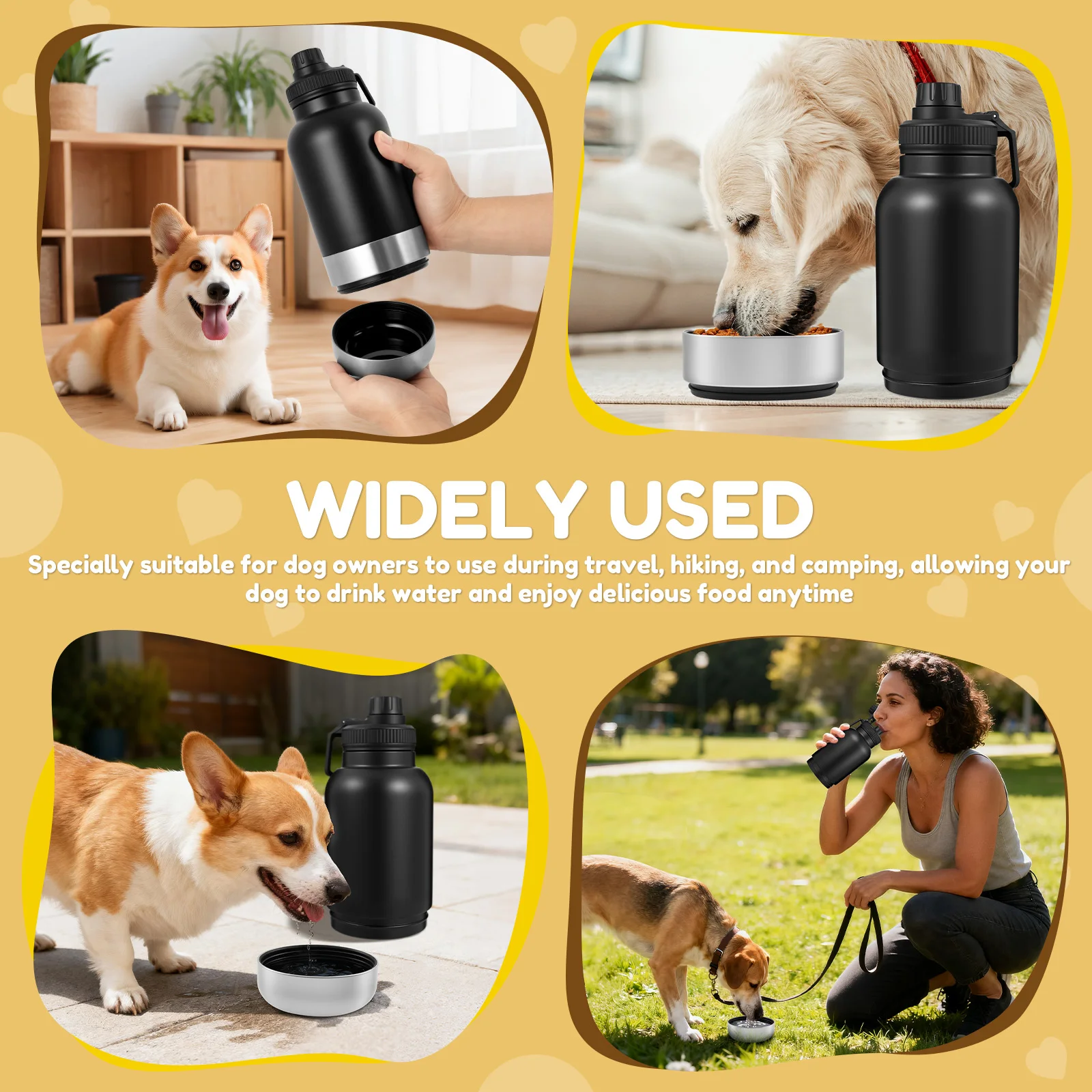 3 in 1 Stainless Steel Dog Water Bottle 32 oz Capacity Portable Leak Proof Pet Insulated Water Bottle with 2 Bowls Pet Supplies