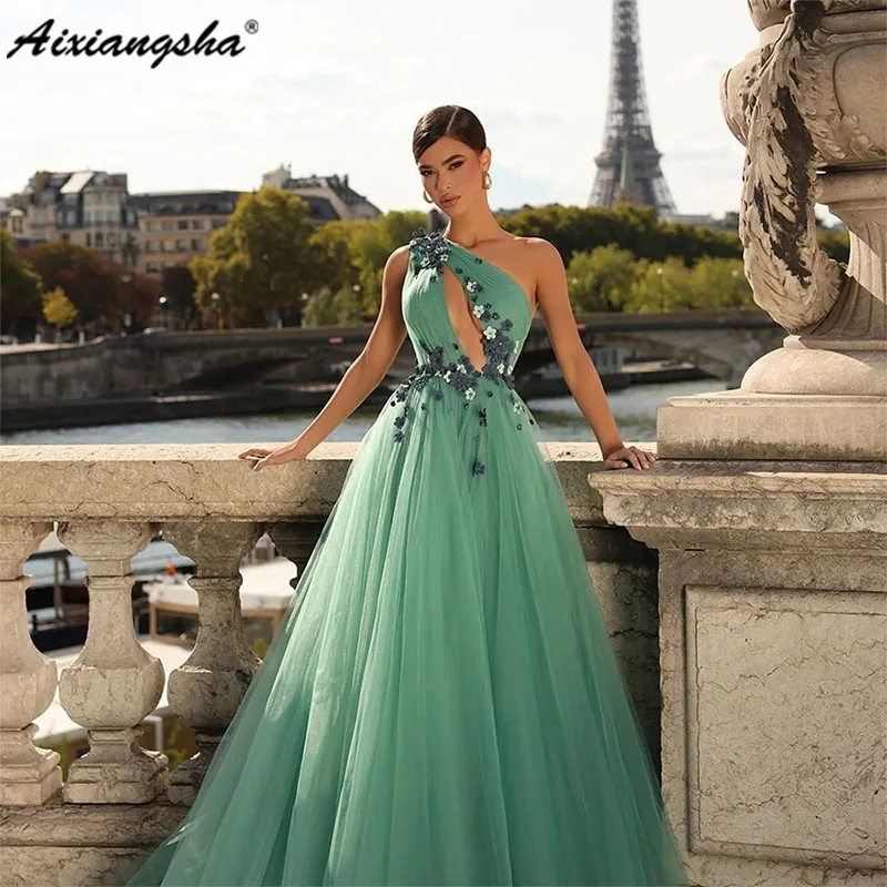 

Aixiangsha Elegant 3D Flowers Tulle Prom Dresses One Shoulder Sleeveless Pleat Ruched A-Line Evening Gowns Formal Party Dress