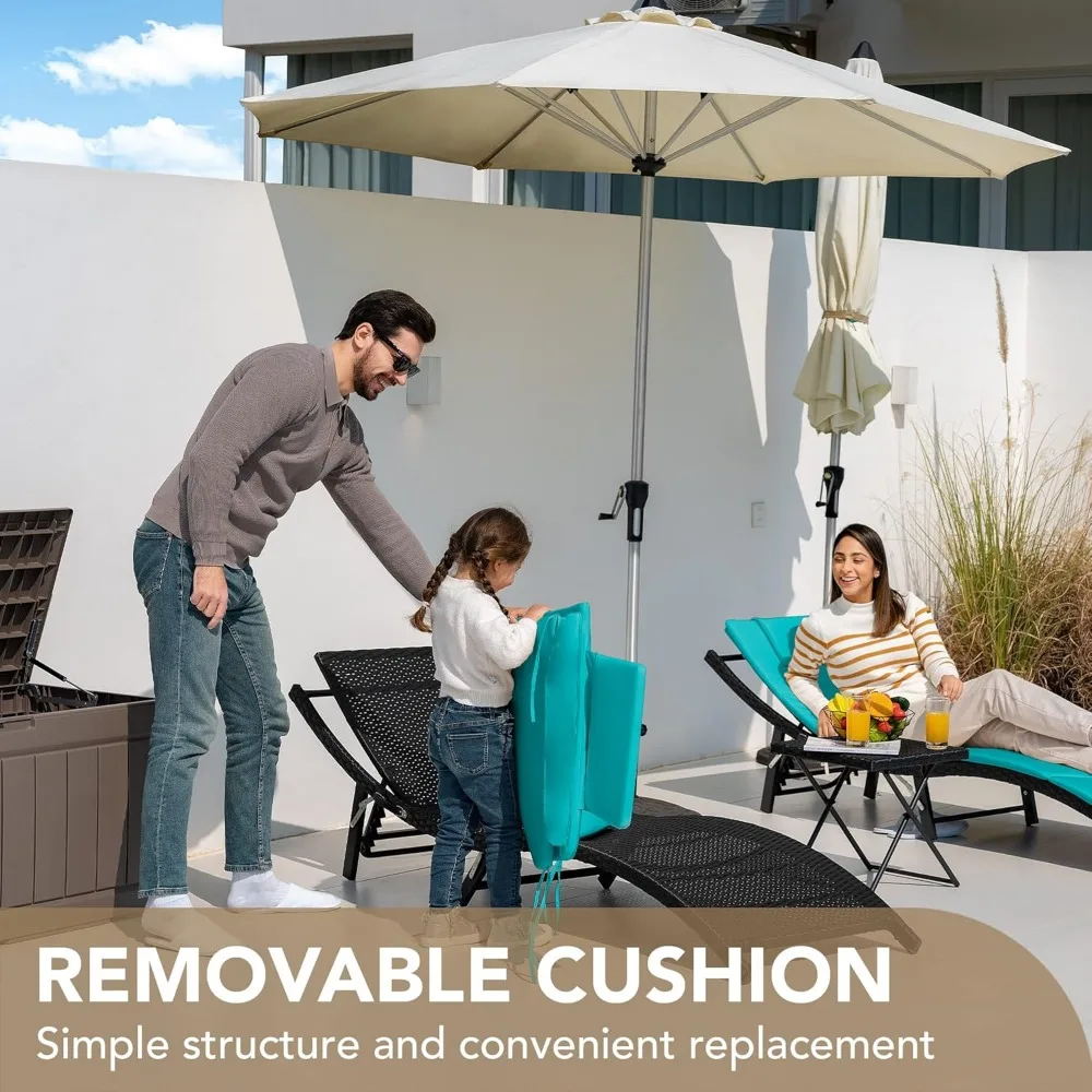 Patio Chaise Lounge Sets Outdoor Rattan Adjustable Back 3 Pieces Cushioned Patio Folding Chaise Lounge with Folding Table 6