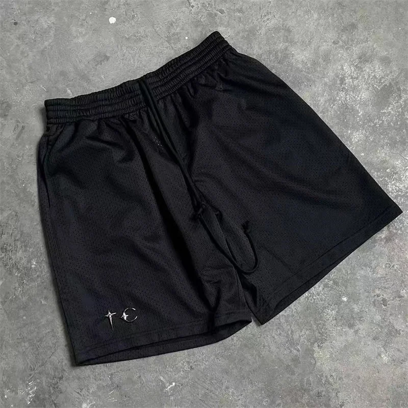 Black Athletic Breathable Mesh THUG CLUB TC Mesh Shorts Mens Womens Loose Drawstring Retro Casual Shorts Summer Athletic Shorts