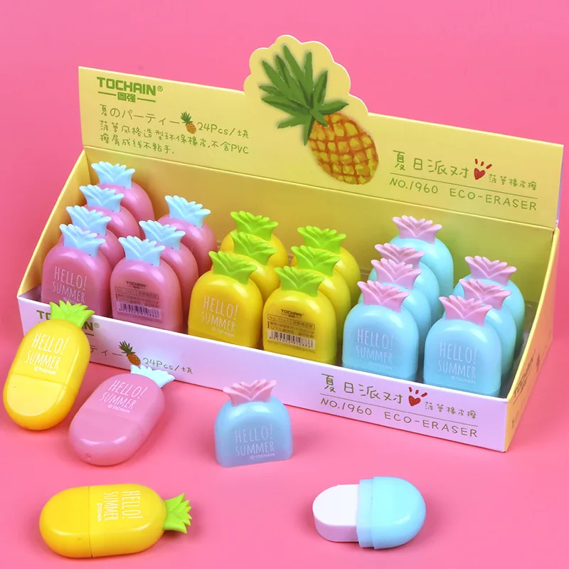 

24 pcs/lot Creative Pineapple Eraser Cute Writing Drawing Rubber Pencil Eraser Stationery For Kids Gifts school suppies