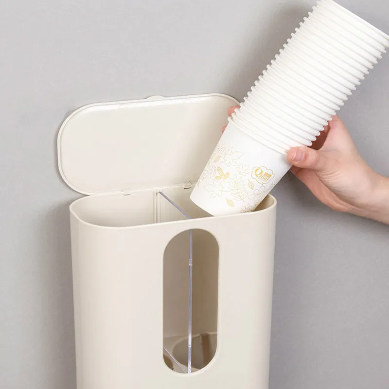 Dispenser Paper Cup Holder Double-Cylinder With Lid Disposable Paper Cups Holder Office Wall Mounted Plastic Cups Distributor