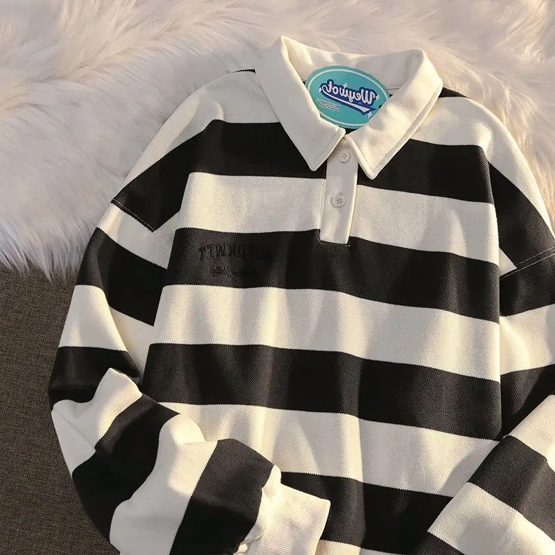 Polo da uomo di grandi dimensioni retrò a righe a contrasto di colore colletto polo maglione da uomo autunno cappotto allentato maniche lunghe bottoni top - immagine 2