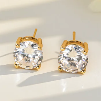 White Zircon 8mm Round Stone 4 Claws Stud Earrings For Women Fashion Crystal Gold Color Wedding Earring Versatile Jewelry Gifts