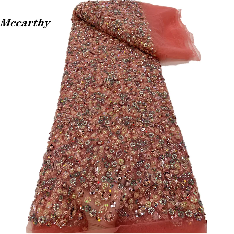 

Mccarthy High Quality Fashion French Mesh Embroidery Lace Fabric African Nigerian Sequins Beads Lace Fabric For Wedding Dress
