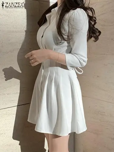 ZANZEA 패션 여성 봄 Pleated 드레스 대형 긴 소매 단단한 옷깃 목 Sundress Femme 캐주얼 휴일 사무복 2