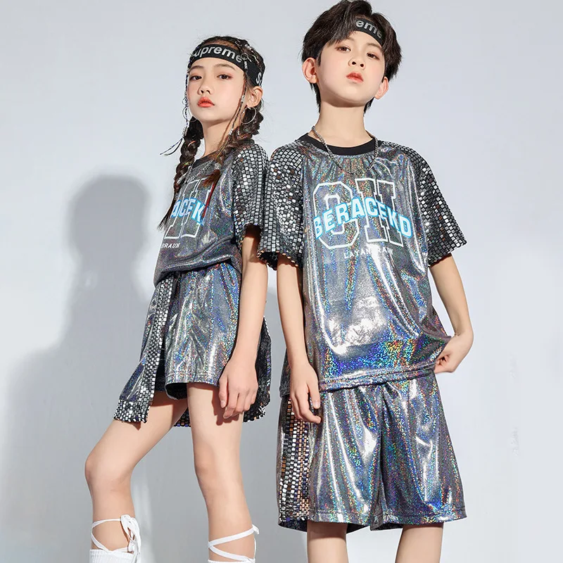 Ragazzi Hip Hop T shirt Girl Jazz Shorts 2 pezzi Set bambini paillettes Shine Street Dance Cheerleading Stage Performance Uniform