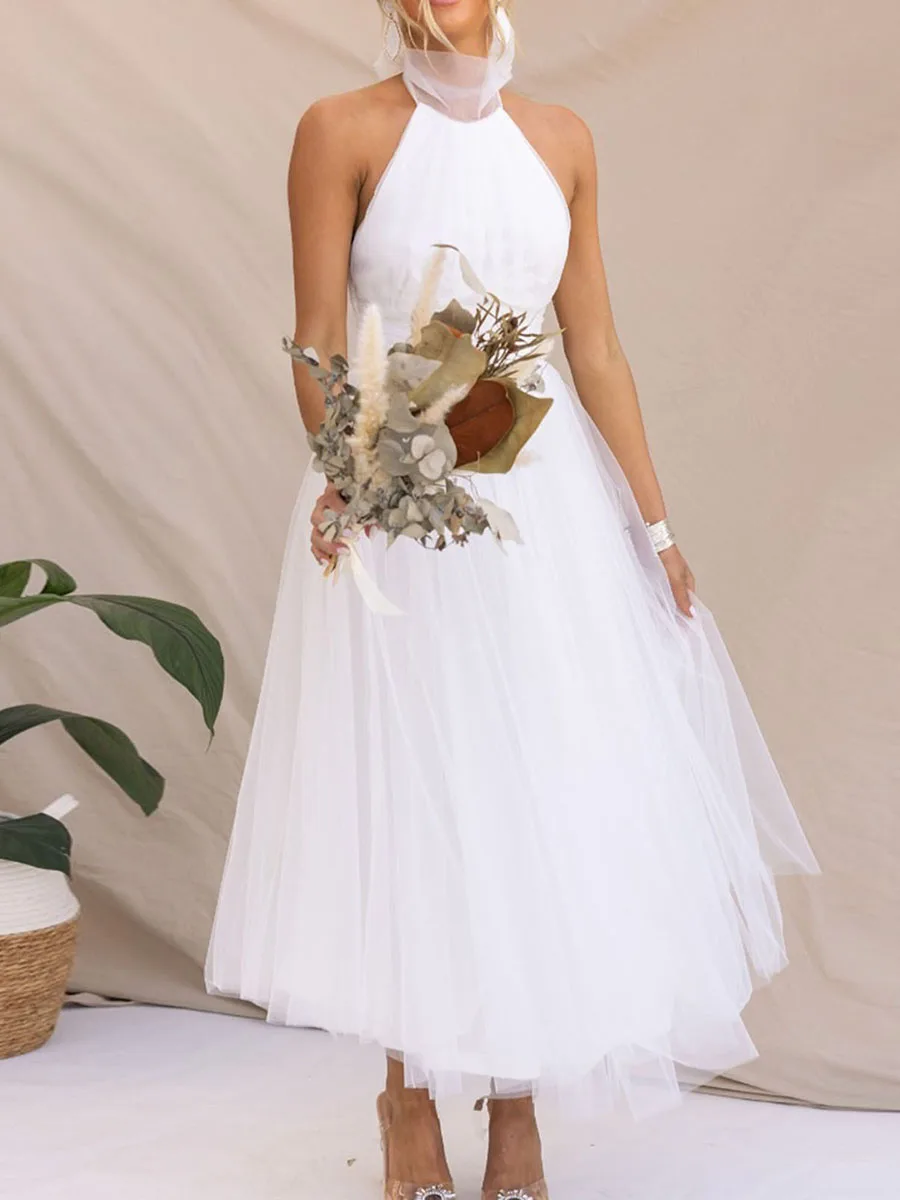 

Женское длинное платье с открытой спиной, однотонное свадебное платье из тюля с регулируемой завязкой на шее и высокой талией